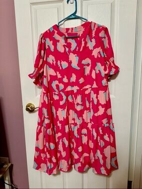 Boutique Women’s Pink Abstract With Turquoise Print Dress Large NWOT Never Worn